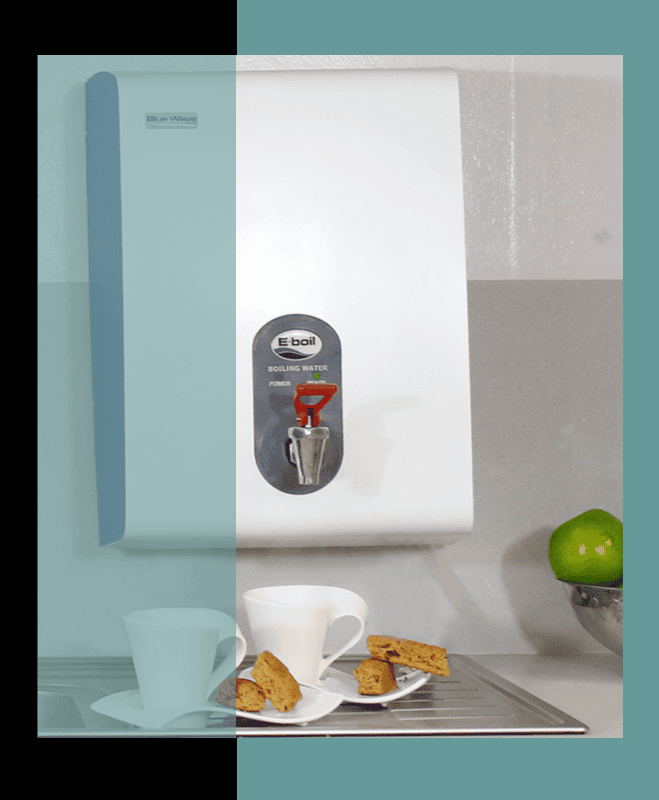 A BlueWave boiling water dispenser in a commercial kitchen