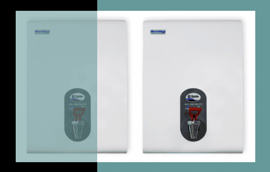 The compact Bluwave boiling water dispenser fits neatly against the breakroom wall