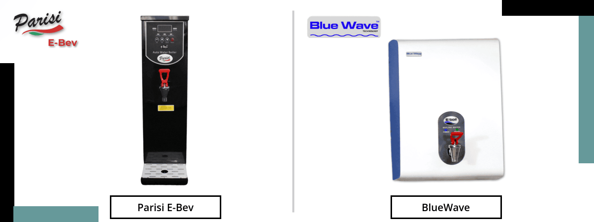 The Parisi E-Bev countertop boiling water dispenser and the BlueWave automated boiling water dispenser