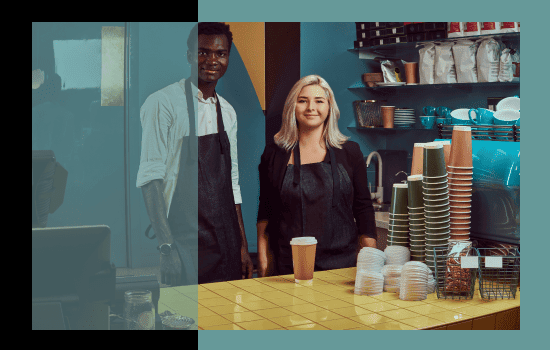 Baristas at a busy café, ready to serve their customers