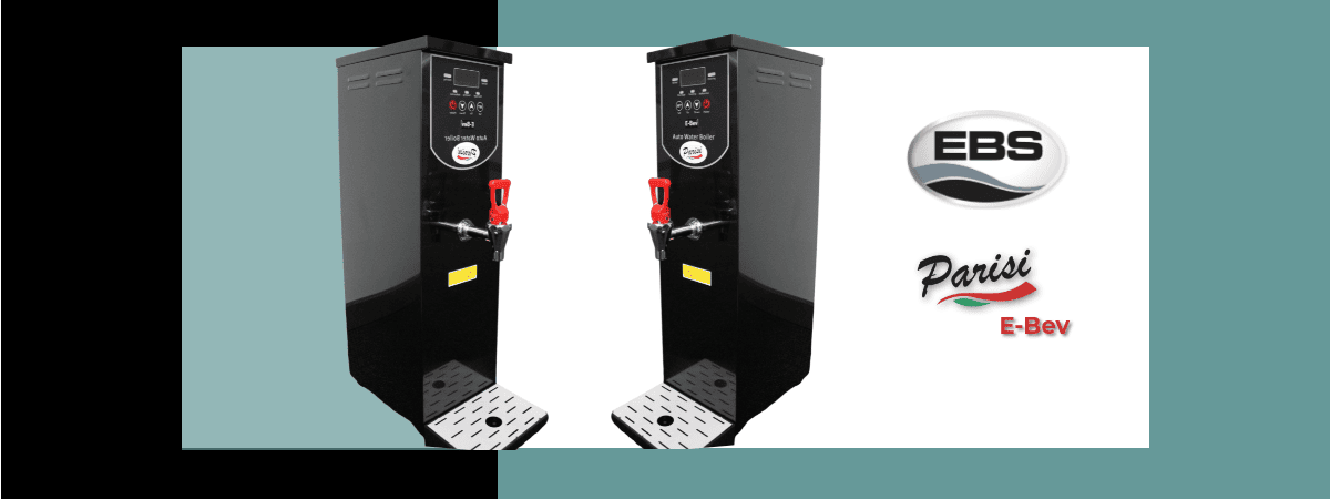 Two Parisi E-Bev Countertop Boiling Water Dispensers side by side, perfect for high-volume use.