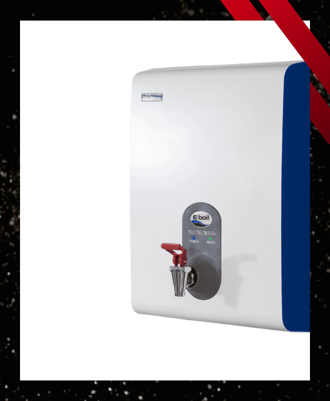 The BlueWave instant boiling water dispenser mounted against a kitchen wall