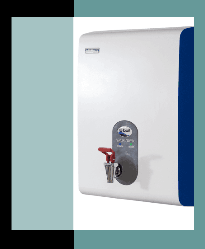 The BlueWave instant boiling water dispenser mounted against a kitchen wall
