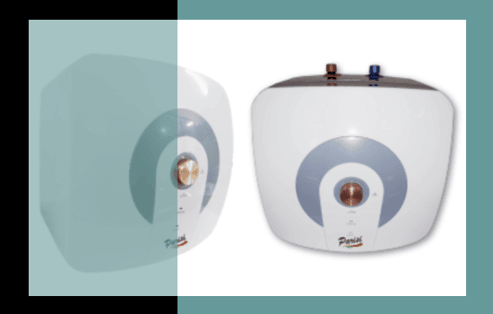 A side and front view of the Parisi Mini Undercounter Geyser