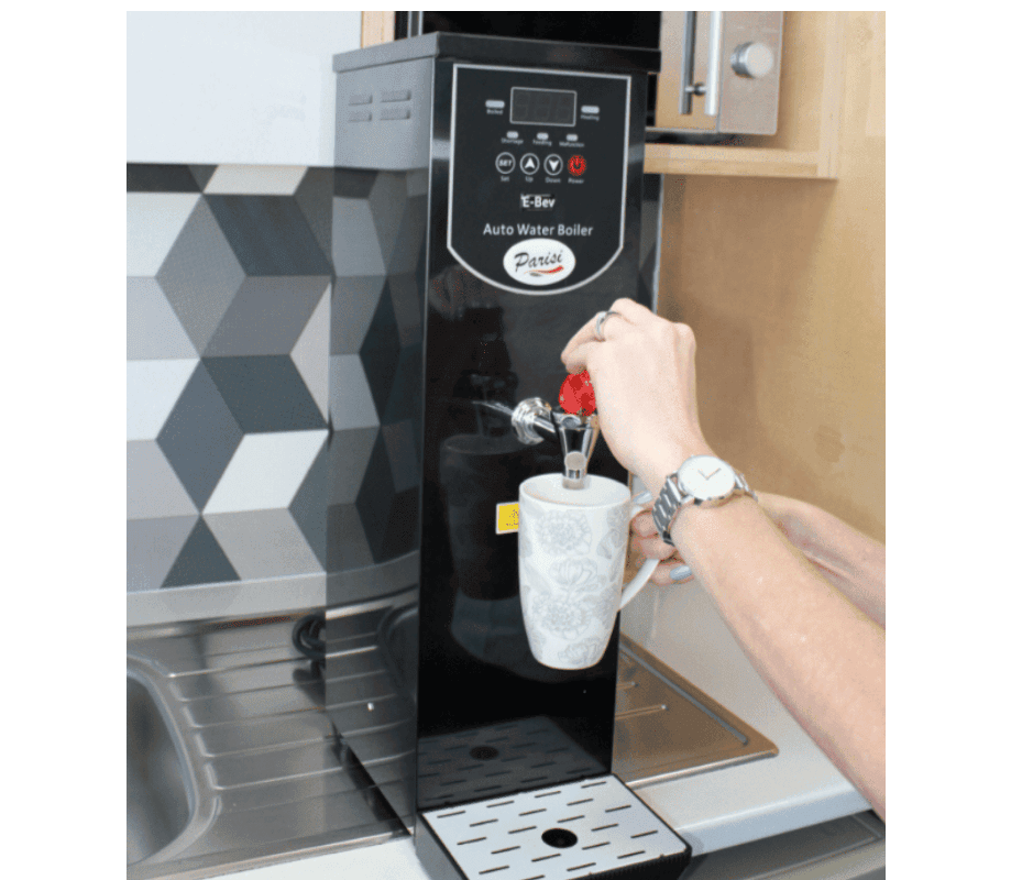 The Parisi E-Bev Boiling Water Dispenser  installed in an office break room.