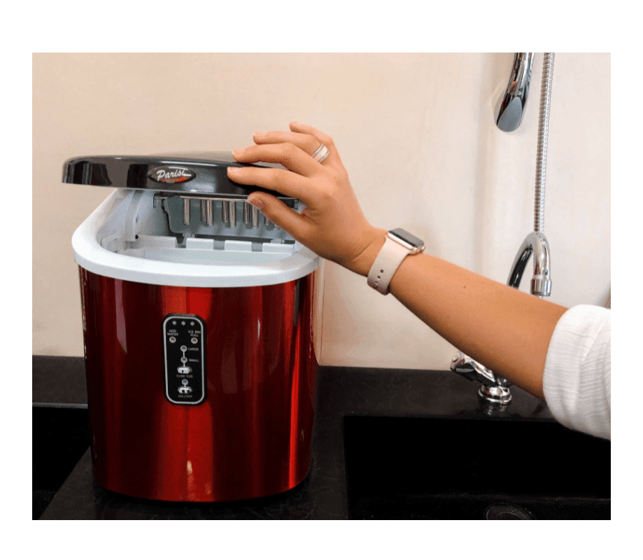 A woman getting ice from a Parisi ice making machine