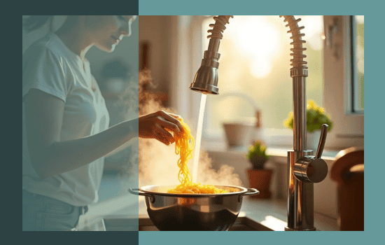 A lady rinsing food with hot water generated by a Parisi Mini Geyser