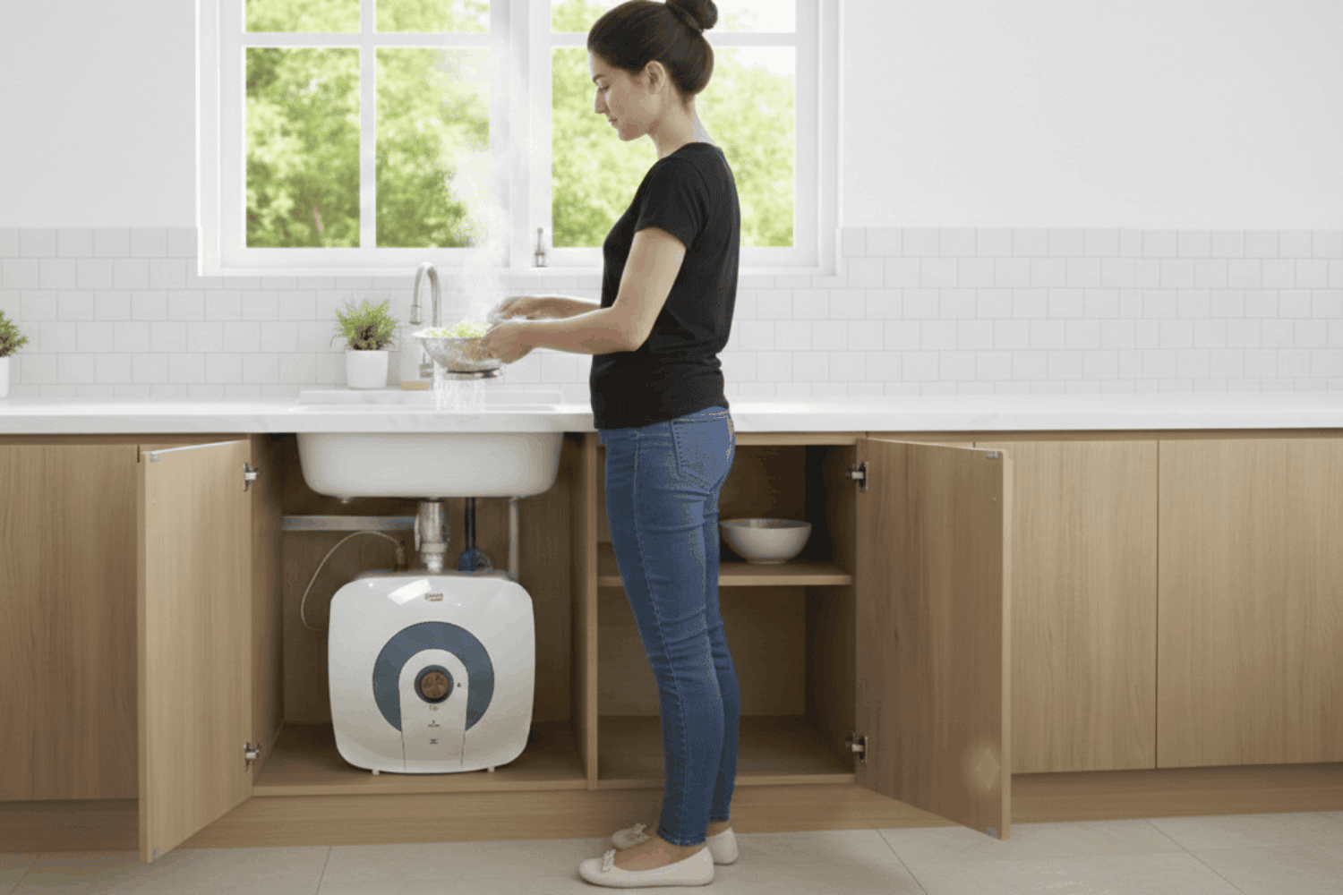 The Parisi mini geyser displayed under a kitchen sink.