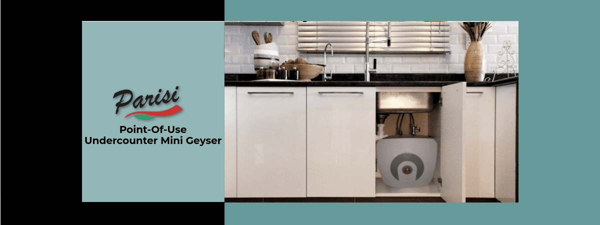 A Parisi Undercounter Mini Geyser installed beneath a kitchen sink