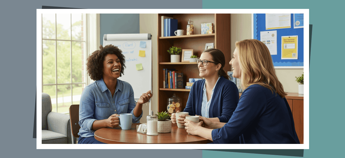 School teachers enjoying their hot beverages in a staff break room