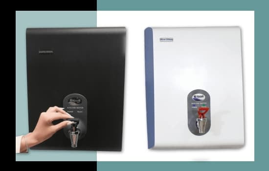 Black and white BlueWave E-boil wall-mounted boiling water dispensers side-by-side.