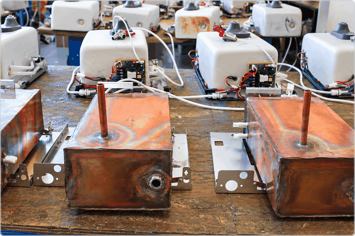 Hand-brazed German-grade copper tanks on the BlueWave production line at E-Boil Systems