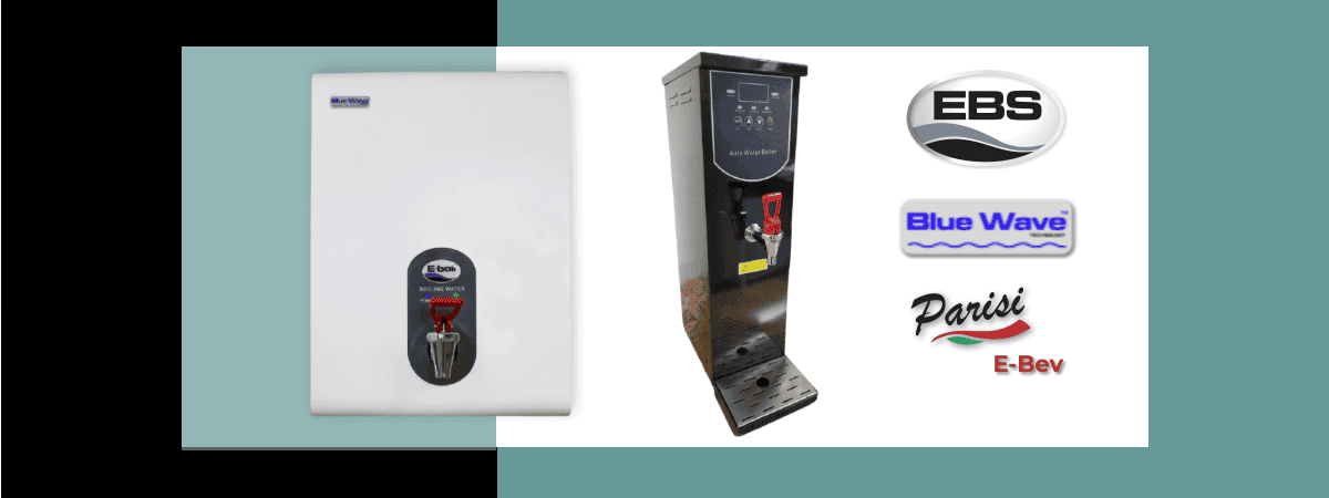 BlueWave wall-mounted and Parisi E-Bev tabletop boiling water dispensers from E-Boil Systems, side by side