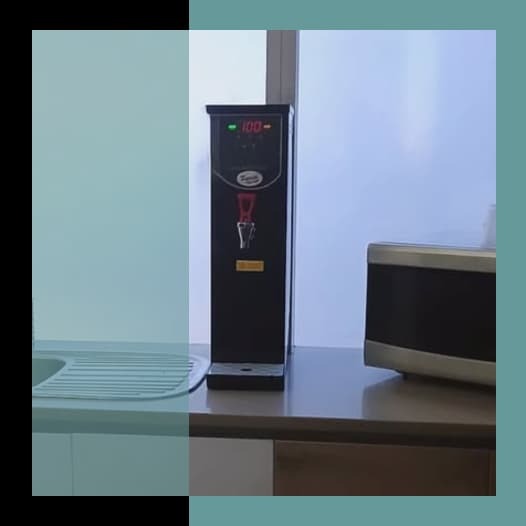 Parisi E-Bev countertop boiling water dispenser on the kitchen counter at Mpact Plastics, Atlantis