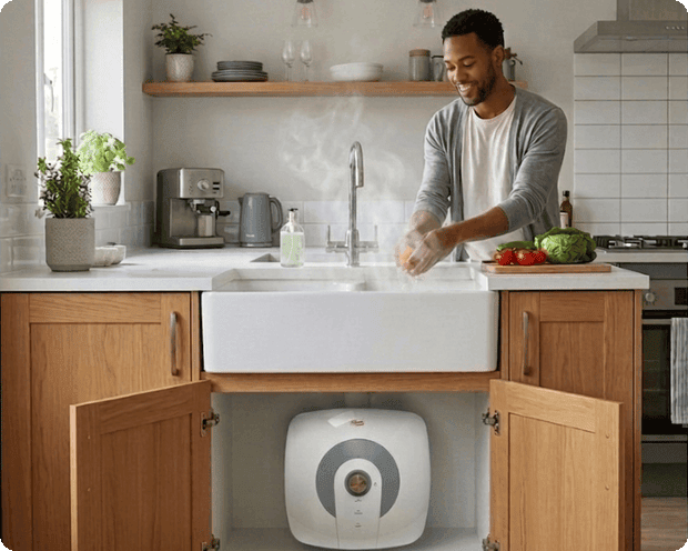 Man washing produce at a kitchen sink with the Parisi Mini Geyser installed in the cupboard below