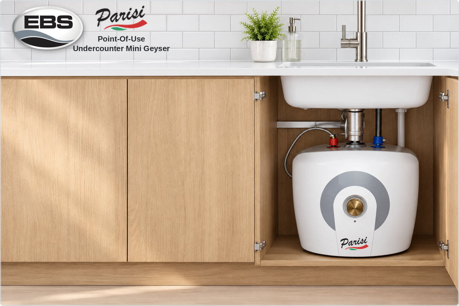 Parisi point-of-use undercounter mini geyser installed in the cupboard beneath a kitchen sink