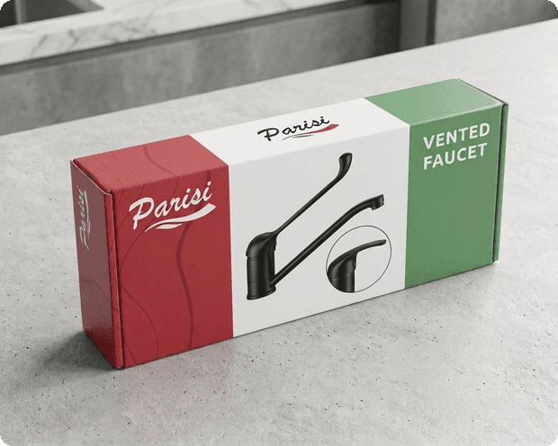 Parisi vented faucet packaging showing the black mixer tap