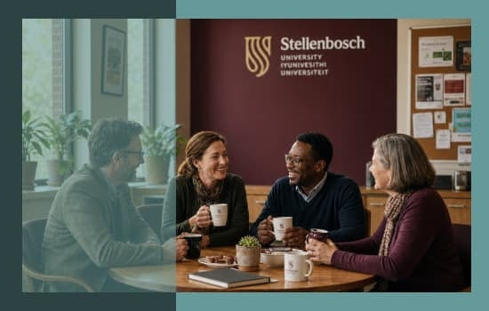 Stellenbosch University academic staff members sitting together during a tea break in a modern staff lounge.